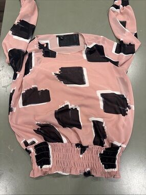 Alfani Rose Pink Long-Sleeve Blouse with Black Abstract Blocks